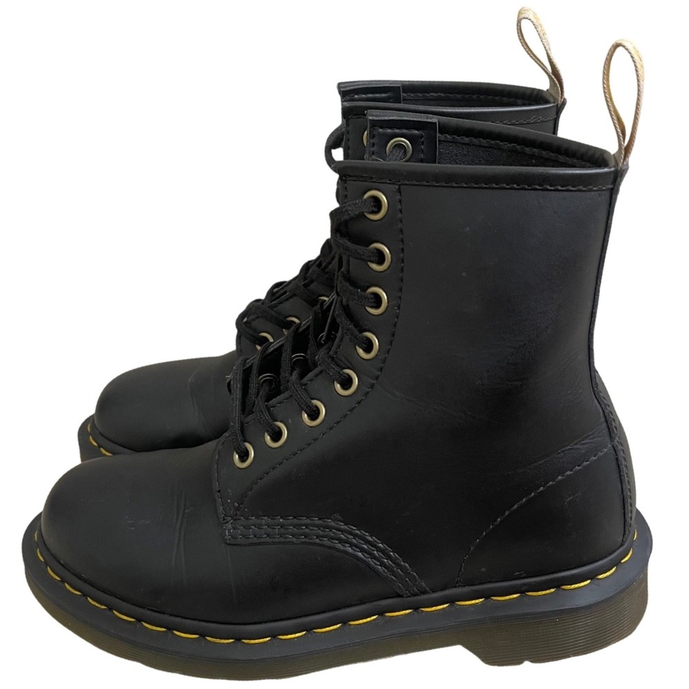 Dr Martens Vegan Leather women's 7 1460 Black ‎ 8 Eye Combat Boots Yellow Stitch